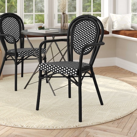 Flash Furniture Lourdes Thonet French Bistro Stacking Chair w/Arms, Black and White PE Rattan and Black Alum Frame SDA-AD642002A-BKWH-BK-GG